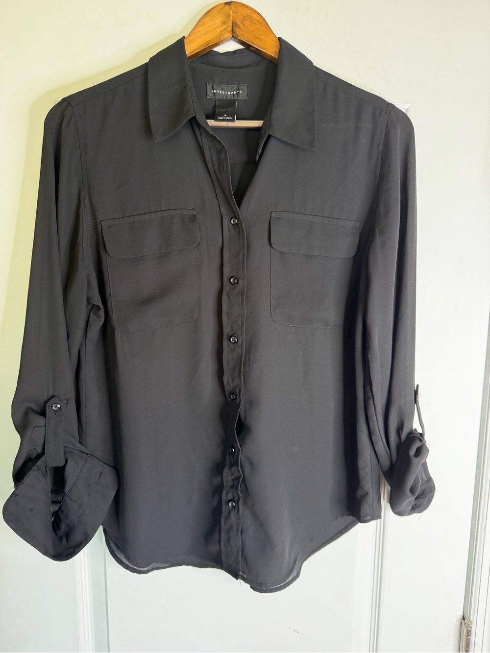 Investments Woman’s Black Sheer Blouse Utility Button Down. Size S